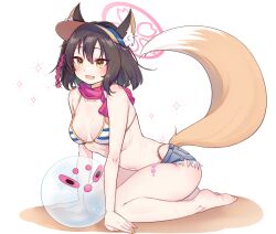 Rule 34 | 1girl, :d, animal ear fluff, animal ears, ass, ball, barefoot, beach, beachball, bent over, bikini, black hair, blue archive, breasts, cleavage, commentary request, denim, denim shorts, eyeshadow, fox ears, fox girl, fox tail, hair between eyes, halo, highres, izuna (blue archive), izuna (swimsuit) (blue archive), looking at viewer, makeup, medium breasts, medium hair, navel, ocean, official alternate costume, one side up, open mouth, red eyeshadow, red scarf, rope, scarf, shimenawa, short shorts, shorts, sidelocks, simple background, sitting, sleeveless, smile, soles, solo, stomach, striped bikini, striped clothes, swimsuit, tail, toes, visor cap, wariza, white background, xiao jian, yellow eyes