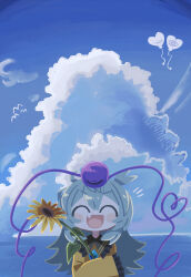 Rule 34 | 1girl, :d, ^ ^, aqua hair, balloon, blue sky, buttons, closed eyes, cloud, diamond button, facing viewer, fang, flower, frilled sailor collar, frilled shirt collar, frilled sleeves, frills, heart, heart balloon, heart of string, highres, holding, holding flower, horizon, komeiji koishi, long hair, long sleeves, motion lines, no headwear, notice lines, ocean, open mouth, outdoors, sailor collar, simple bird, skin fang, sky, smile, solo, straight-on, sunflower, sweater, touhou, upper body, very long sleeves, wide sleeves, yellow flower, yellow sweater, zunusama