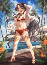 Rule 34 | 1girl, barefoot, bikini, black hair, blush, brown eyes, day, flower, full body, highres, jacket, kantai collection, legs, long hair, long sleeves, navel, nisshin (kancolle), open clothes, open jacket, open mouth, orange flower, outdoors, palm tree, red bikini, sandals, short eyebrows, smile, solo, standing, swimsuit, toenails, toes, toka (marchlizard), tree, very long hair, white jacket