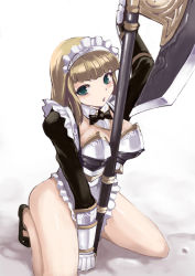 Rule 34 | 1girl, armor, axe, between breasts, blonde hair, blunt bangs, blush, bottomless, bow, bowtie, breasts, cleavage, combat maid, female focus, gauntlets, gradient background, green eyes, halberd, headdress, high heels, hime cut, kawa akira, kneeling, maid, polearm, shoes, solo, tagme, weapon, white background