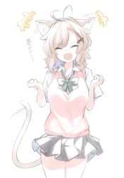 Rule 34 | +++, 1girl, :d, ^ ^, animal ears, antenna hair, blush, bow, breasts, cat ears, cat girl, cat tail, closed eyes, collared shirt, commentary request, cowboy shot, dress shirt, facing viewer, fang, green bow, grey skirt, hair between eyes, hair ornament, hands up, large breasts, light brown hair, natsuki teru, nekomiya ryuu, open mouth, original, pleated skirt, school uniform, shirt, short sleeves, simple background, skirt, smile, solo, sweater vest, tail, tail raised, translation request, white background, white shirt