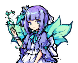 Rule 34 | 1girl, akinomiya asuka, blue eyes, blue flower, blue ribbon, blunt bangs, book of star mythology, braid, closed mouth, commentary request, crown braid, dress, fabritis, flower, hair flower, hair ornament, hair ribbon, hand up, neck ribbon, original, puffy short sleeves, puffy sleeves, purple hair, ribbon, short sleeves, shrug (clothing), simple background, smile, solo, tokiame (style), touhou, upper body, white background, white dress, white ribbon, wrist cuffs