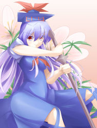 Rule 34 | 1girl, absurdres, bamboo, blue hair, breasts, chus, colored eyelashes, dress, female focus, hat, highres, horns, kamishirasawa keine, long hair, red eyes, smile, solo, sword, tokin hat, touhou, weapon, white hair