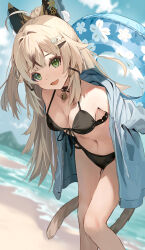 Rule 34 | 1girl, ahoge, animal ears, bare shoulders, beach, bell, bikini, black bikini, blue jacket, blue sky, blush, breasts, cat ears, cat girl, cat tail, choker, cleavage, collarbone, genshin impact, green eyes, hair ornament, hairclip, high ponytail, highres, innertube, jacket, jingle bell, kirara (genshin impact), leaning forward, light brown hair, long hair, long sleeves, looking at viewer, medium breasts, motto (night wear), multiple tails, navel, off shoulder, open clothes, open jacket, open mouth, shore, sidelocks, sky, slit pupils, smile, solo, swim ring, swimsuit, tail, tassel, thighs, two tails