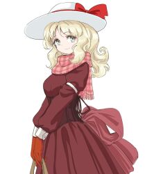 Rule 34 | 1girl, adapted costume, armband, blonde hair, blue eyes, bow, closed mouth, commentary request, corset, dress, dress bow, elly (touhou), gloves, hat, hat bow, long hair, plaid, plaid scarf, red bow, red dress, red gloves, red scarf, s-a-murai, scarf, sidelocks, sleeve cuffs, solo, touhou, touhou (pc-98), white armband, white background, white hat