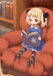 Rule 34 | 1girl, alice (odin sphere), blonde hair, blue dress, book, bookshelf, child, dress, figo, full body, hair ribbon, holding, holding book, indoors, long sleeves, odin sphere, open book, pantyhose, reading, red eyes, ribbon, shelf, sitting, solo, striped, twintails