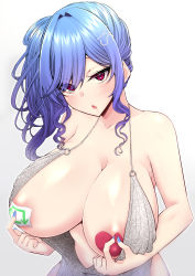 Rule 34 | 1girl, :o, absurdres, areola slip, azur lane, backless dress, backless outfit, bare shoulders, blue hair, blue nails, breasts, cleavage, clothing aside, commentary request, dress, dress aside, evening gown, grey dress, hair between eyes, hair ornament, hairclip, halter dress, halterneck, highres, huge breasts, kira kazuki, like and retweet, looking at viewer, nail polish, open mouth, pasties, plunging neckline, red eyes, revealing clothes, side ponytail, sidelocks, silver dress, solo, st. louis (azur lane), st. louis (luxurious wheels) (azur lane), twitter