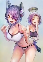 Rule 34 | 10s, 2girls, :d, bikini, black bikini, blush, breasts, checkered clothes, checkered necktie, checkered neckwear, cleavage, closed eyes, collarbone, curvy, eyepatch, gradient background, halo, headgear, highres, kantai collection, large breasts, looking at viewer, mechanical halo, multiple girls, necktie, open mouth, pointing, pointing at self, purple hair, short hair, smile, swimsuit, taishi (picchiridou), tatsuta (kancolle), teeth, tenryuu (kancolle), thumbs up, white bikini, wide hips, yellow eyes