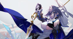 Rule 34 | 1girl, absurdres, bare shoulders, black gloves, black shirt, black skirt, black sleeves, blue cape, blue hair, bow, bowtie, breasts, cape, chain, chilakkk, detached sleeves, from side, gloves, grin, hair intakes, hairband, halo, highres, holding, holding sword, holding weapon, hololive, hololive english, large breasts, looking at viewer, looking to the side, mechanical halo, miniskirt, ouro kronii, pinstripe pattern, pinstripe shirt, pinstripe skirt, sailor collar, shirt, short hair, sideboob, skirt, sleeveless, sleeveless shirt, smile, solo, striped clothes, striped shirt, striped skirt, sword, veil, vertical-striped clothes, vertical-striped shirt, vertical-striped skirt, virtual youtuber, weapon, white bow, white bowtie, white sailor collar, white shirt
