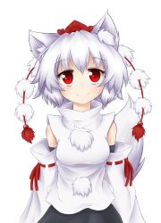 Rule 34 | 1girl, animal ears, bad deviantart id, bad id, bare shoulders, blush, breasts, detached sleeves, deviantart thumbnail, hat, inubashiri momiji, kamil dabrowski, looking up, pom pom (clothes), red eyes, shirt, short hair, silver hair, simple background, skirt, smile, solo, tail, tokin hat, touhou, white background, white shirt, wolf ears, wolf tail