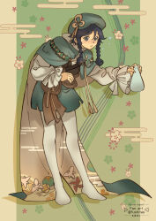 Rule 34 | 1boy, arms up, artist name, beret, blue hair, border, braid, brown cape, brown vest, cape, commentary request, dark blue hair, egasumi, floral background, floral print, flower, full body, fushitasu, genshin impact, green background, green cape, green eyes, green flower, green hat, green shorts, hair between eyes, hat, hat ribbon, holding, long sleeves, looking at object, male focus, no shoes, official alternate costume, open mouth, outside border, pantyhose, pink flower, puffy long sleeves, puffy sleeves, ribbon, shadow, shirt, short hair, shorts, solo, standing, suikou (genshin impact), tassel, twin braids, two-sided cape, two-sided fabric, venti (genshin impact), vest, white pantyhose, white shirt, yellow border, yellow flower, yellow ribbon