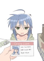 Rule 34 | 1girl, absurdres, ahoge, alcohol, alternate costume, beer, blue hair, collarbone, driving license, green eyes, green jacket, highres, izumi konata, jacket, jitome, lolibaba, lucky star, mole, mole under eye, money, sapporo beer, simple background, solo focus, tongue, tongue out, white background, zlix0n