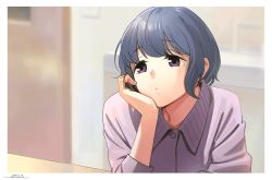 Rule 34 | 1girl, blue hair, blurry, blurry background, border, head rest, closed mouth, commentary, dated, depth of field, dot mouth, dot nose, hand up, horikou, indoors, long sleeves, purple eyes, shima saki, short hair, signature, solo, white border, yurucamp