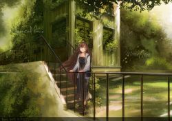 Rule 34 | 1girl, bad id, bad pixiv id, bag, boots, brown hair, collarbone, cross-laced footwear, dappled sunlight, day, dress, english text, grass, grey eyes, hair blowing, hand on railing, handbag, highres, house, ivy, jacket, long hair, long sleeves, looking at viewer, open clothes, open jacket, original, outdoors, overgrown, parted lips, purple dress, railing, shoochiku bai, solo, stairs, sunlight, sweater jacket, tree, very long hair, wind
