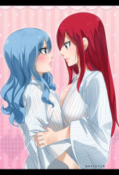 Rule 34 | 2girls, artist name, asymmetrical docking, bath yukata, blue eyes, blue hair, blush, breast press, breasts, brown eyes, closed mouth, erza scarlet, eye contact, facing another, fairy tail, from side, gaston18, hand on another&#039;s arm, happy, height difference, highres, japanese clothes, juvia lockser, kimono, large breasts, long hair, looking at another, multiple girls, parted lips, pink background, red hair, smile, standing, sweatdrop, symmetrical docking, teeth, upper body, very long hair, yukata, yuri