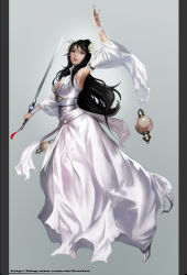 Rule 34 | 1girl, arm up, armpits, black eyes, black hair, breasts, cleavage, detached sleeves, dress, flower, frostce, full body, hair flower, hair ornament, highres, long hair, obi, original, parted lips, pillarboxed, sash, simple background, solo, sword, weapon, white dress