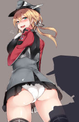Rule 34 | 10s, 1girl, anchor hair ornament, aqua eyes, ass, blonde hair, blush, from behind, from below, gloves, hair ornament, hat, highres, kantai collection, looking back, low twintails, microskirt, military, military uniform, nanahara fuyuki, open mouth, panties, peaked cap, pleated skirt, prinz eugen (kancolle), skirt, solo focus, sweatdrop, thighhighs, torn clothes, torn skirt, trefoil, twintails, underwear, uniform, white gloves, white panties