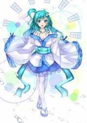 Rule 34 | 1girl, ahoge, alternate costume, alternate hairstyle, bad id, bad pixiv id, bare shoulders, breasts, circle, cleavage, crossed legs, dabadhi, female focus, frilled skirt, frills, frog hair ornament, green eyes, green hair, hair ornament, hair tubes, highres, japanese clothes, jewelry, kochiya sanae, long hair, matching hair/eyes, medium breasts, necklace, obi, off shoulder, ofuda, open mouth, pantyhose, pentagram, plaid, sandals, sash, side ponytail, skirt, sleeves past wrists, smile, snake, solo, standing, touhou, water drop, watson cross, white pantyhose, wide sleeves