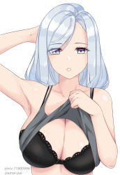 Rule 34 | 1girl, :o, amai-pai, arm behind head, arm up, armpits, artist name, bare arms, bare shoulders, blue eyes, camisole, camisole lift, clothes lift, collarbone, genshin impact, highres, lifting own clothes, long hair, looking at viewer, parted lips, pixiv id, shenhe (genshin impact), silver hair, simple background, solo, swept bangs, twitter username, upper body, white background