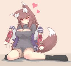 Rule 34 | 1girl, alternate costume, animal ears, breasts, brown hair, cleavage, cleavage cutout, clothing cutout, converse, cube85, fang, fang out, fingernails, heart, highres, imaizumi kagerou, jacket, large breasts, long fingernails, long hair, looking at viewer, meme attire, messy hair, open-chest sweater, red eyes, ribbed sweater, shoes, unworn shoes, shorts, sitting, sleeves past wrists, smile, sneakers, socks, solo, sweater, tail, touhou, turtleneck, wariza, wolf ears, wolf tail
