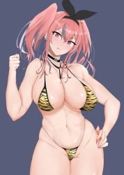 Rule 34 | animal print, azur lane, between breasts, bikini, breasts, bremerton (azur lane), choker, cleavage, clenched hand, covered erect nipples, ear piercing, hairband, hand on own hip, highleg, highleg bikini, large breasts, looking at viewer, mole, mole on breast, navel, piercing, pink eyes, pink hair, ranhatu, red eyes, skindentation, solo, swimsuit, thighs, thong bikini, tiger print, tiger stripes, tongue, tongue out, twintails