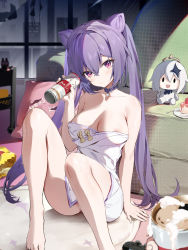 1girl absurdres areola_slip beer_can blush breasts cake can cone_hair_bun covered_erect_nipples drink_can food genshin_impact hair_bun highres houkisei keqing_(genshin_impact) long_hair looking_at_viewer medium_breasts nipple_slip nipples plate purple_eyes purple_hair swept_bangs twintails