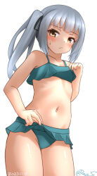 Rule 34 | 1girl, bikini, bikini skirt, breasts, brown eyes, clothes lift, dated, green bikini, grey hair, kantai collection, kasumi (kancolle), lifted by self, looking at viewer, official alternate costume, one-hour drawing challenge, ray.s, side ponytail, simple background, skirt, skirt lift, small breasts, solo, swimsuit, twitter username, white background