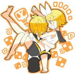 Rule 34 | 1boy, 1girl, 7:24, :d, arm up, bare legs, bare shoulders, blonde hair, blue eyes, blush, bow, brother and sister, carrying, cheering, clenched hand, crop top, hair bow, hair ornament, hairclip, highres, kagamine len, kagamine rin, leg up, midriff, necktie, on one knee, open mouth, princess carry, sailor collar, shirt, short hair, short ponytail, shorts, siblings, skull, sleeveless, sleeveless shirt, smile, sweat, sweatdrop, tired, twins, vocaloid, yellow neckwear