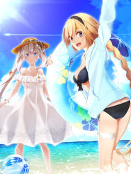 Rule 34 | 2girls, :d, arm up, ass, ball, beach, beachball, bikini, black bikini, black hairband, blonde hair, blue eyes, blue jacket, blue sky, bracelet, braid, braided ponytail, breasts, cleavage, collarbone, day, dress, fate/grand order, fate (series), floating hair, hair between eyes, hairband, highres, jacket, jeanne d&#039;arc (fate), jeanne d&#039;arc (ruler) (fate), jeanne d&#039;arc (swimsuit archer) (fate), jeanne d&#039;arc (swimsuit archer) (first ascension) (fate), jewelry, long hair, long sleeves, looking at viewer, marie antoinette (fate), marie antoinette (fate/grand order), marie antoinette (swimsuit caster) (fate), marie antoinette (swimsuit caster) (second ascension) (fate), medium breasts, multiple girls, ocean, off-shoulder dress, off shoulder, open clothes, open jacket, open mouth, oriuo q, outdoors, ponytail, print dress, side-tie bikini bottom, silver hair, skirt hold, sky, sleeveless, sleeveless dress, smile, standing, sunlight, swimsuit, thigh strap, very long hair, white dress