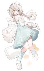 Rule 34 | 1girl, animal ears, bare shoulders, blush, braid, cardigan, commentary, crescent, crescent hair ornament, dot nose, dress, fang, floating, frilled dress, frills, green dress, green socks, grey hair, hair between eyes, hair ornament, hair scrunchie, highres, indie virtual youtuber, inuyayo, legs together, long hair, mole, mole on thigh, open cardigan, open clothes, open mouth, pillow, pinky out, scrunchie, sheep ears, simple background, skin fang, sleeveless, sleeveless dress, sleeves past fingers, sleeves past wrists, slippers, socks, solo, star (symbol), star hair ornament, striped clothes, striped socks, symbol-only commentary, twin braids, virtual youtuber, white background, white cardigan, white footwear, yellow eyes, yoiyume fuwamu