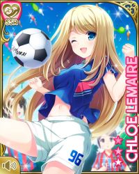 Rule 34 | 3girls, arms up, ball, blonde hair, blue eyes, blue shirt, breasts, character name, chloe lemaire, clenched hands, day, girlfriend (kari), knee up, long hair, multiple girls, navel, official art, one eye closed, open mouth, outdoors, playing sports, qp:flapper, shirt, short sleeves, shorts, smile, soccer, soccer ball, soccer uniform, solo focus, sportswear, white shorts, wind, wind lift