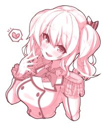 Rule 34 | 1girl, :d, bow, breasts, cropped torso, epaulettes, hair bow, head tilt, heart, highres, kantai collection, kashima (kancolle), looking at viewer, medium breasts, medium hair, monochrome, open mouth, pink theme, rikumaru, shirt, simple background, smile, solo, spoken heart, twintails, upper body, white background