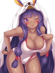 Rule 34 | 1girl, ;), animal ears, armpit peek, bare arms, bare shoulders, blush, breasts, cleavage, closed mouth, collarbone, colored eyelashes, commentary, competition swimsuit, covered erect nipples, cowboy shot, dark-skinned female, dark skin, facepaint, fate/grand order, fate (series), gluteal fold, hairband, hand on own hip, highres, large breasts, leaning forward, lips, long hair, looking at viewer, medjed (fate), nitocris (fate), nitocris (fate/grand order), nitocris (swimsuit assassin) (fate), nitocris (swimsuit assassin) (second ascension) (fate), nottytiffy, one-piece swimsuit, one eye closed, purple eyes, purple hair, rabbit ears, shiny skin, sidelocks, simple background, smile, solo, standing, swimsuit, thighs, tsurime, under covers, very long hair, white background, white one-piece swimsuit