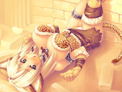 Rule 34 | 1girl, animal ears, animal print, armband, armlet, blonde hair, blush, breasts, cat ears, cat tail, character request, cleavage, collar, eyes visible through hair, fantasy earth zero, gloves, green eyes, huge breasts, leopard print, long hair, looking at viewer, lying, miniskirt, no bra, on back, panties, pantyshot, ruins, running bond, shirt, skirt, solo, strapless, strapless shirt, sweat, tail, thighhighs, underwear, white panties, yn red