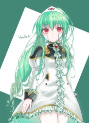 Rule 34 | 1girl, character name, dress, drill hair, frilled dress, frills, galaxy angel, green hair, hairband, highres, long hair, long sleeves, looking at viewer, military uniform, pantyhose, ponytail, red eyes, ritsu (r litsuca), solo, two-tone background, uniform, vanilla h, white dress, white pantyhose