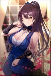 Rule 34 | 1girl, ;), absurdres, akimikan (2.5deciliter), blue dress, blush, breasts, choker, cleavage, collarbone, detached sleeves, dress, earrings, hair between eyes, hair ornament, hand up, high ponytail, highres, idolmaster, idolmaster shiny colors, jewelry, lace sleeves, large breasts, long hair, looking at viewer, necklace, one eye closed, petals, ponytail, purple hair, shirase sakuya, smile, solo, yellow eyes