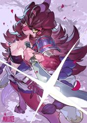 Rule 34 | 1girl, armor, artist name, belt, breasts, cleavage, donner dagger fur hire, duel monster, foot out of frame, full body, furry, furry female, glint, grin, highres, holding, holding sword, holding weapon, long hair, magiace, medium breasts, red fur, red hair, shoulder armor, smile, solo, sword, tree, weapon, yellow eyes, yu-gi-oh!
