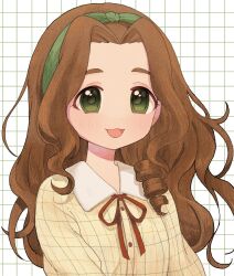 Rule 34 | 1girl, :3, brown hair, buttons, checkered background, commentary, dokodemonai, dot nose, green eyes, green hairband, grid background, hairband, highres, idolmaster, idolmaster cinderella girls, kusakabe wakaba, long hair, long sleeves, looking at viewer, open mouth, parted bangs, red ribbon, ribbon, shirt, smile, solo, upper body, wavy hair, white background, white shirt
