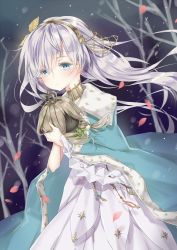 Rule 34 | 1girl, anastasia (fate), bad id, bad pixiv id, bare tree, blue cloak, blue eyes, blush, cloak, closed mouth, commentary request, crown, dress, dutch angle, fate/grand order, fate (series), hair between eyes, hair ornament, hairband, holding, leaf hair ornament, long hair, looking at viewer, mini crown, petals, qlakwnd, silver hair, solo, tree, very long hair, white dress