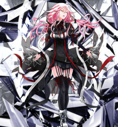 Rule 34 | 10s, 1girl, black thighhighs, closed eyes, guilty crown, hair ornament, hairclip, long hair, open mouth, pink hair, solo, tanikku, thighhighs, twintails, yuzuriha inori