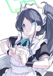 Rule 34 | 1girl, absurdres, apron, aris (blue archive), aris (maid) (blue archive), black dress, black hair, blue archive, blue eyes, closed mouth, collared dress, dress, flat chest, gashitani, halo, heart, heart hands, highres, long hair, maid apron, maid headdress, neck ribbon, ponytail, ribbon, short sleeves, simple background, smile, solo, split mouth, upper body, very long hair, white background, wristband
