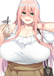 Rule 34 | 1girl, adjusting hair, blush, breasts, carrying, cleavage, cup, cup-chan, drink, embarrassed, female focus, frills, green eyes, hair between eyes, hair over shoulder, hands up, highres, holding, huge breasts, long hair, looking at viewer, open mouth, over shoulder, pink hair, handbag, simple background, skirt, smile, solo, straw, sweat, upper body, white background