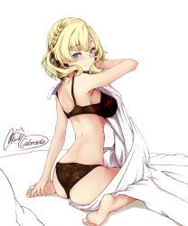 Rule 34 | 1girl, ass, bare arms, bare shoulders, barefoot, blonde hair, blue eyes, bra, braid, breasts, brown bra, brown panties, closed mouth, colorado (kancolle), commentary request, hand up, highres, kantai collection, looking at viewer, looking back, medium breasts, panties, pillow, rizzl, signature, simple background, sitting, smile, soles, solo, underwear, underwear only, wariza, white background