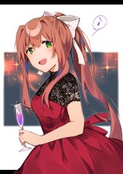 Rule 34 | 1girl, alternate costume, azna, blush, bow, breasts, cup, doki doki literature club, dress, hair between eyes, hair bow, highres, holding, holding cup, lace, lace-trimmed dress, lace trim, light brown hair, long hair, looking at viewer, medium breasts, monika (doki doki literature club), musical note, open mouth, ponytail, short sleeves, sidelocks, simple background, solo, sparkle, spoken musical note, upper body, white bow