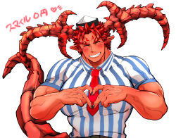 Rule 34 | 1boy, alternate pectoral size, bara, between pectorals, blush, curled horns, dark-skinned male, dark skin, demon boy, demon horns, demon tail, heart, heart hands, highres, horns, ifrit (housamo), kizami nori to yamaimo, large pectorals, male focus, muscular, muscular male, necktie, necktie between pectorals, pectorals, pointy ears, red necktie, shirt, short hair, short necktie, smile, solo, spiked hair, striped clothes, striped shirt, tail, tokyo houkago summoners, upper body