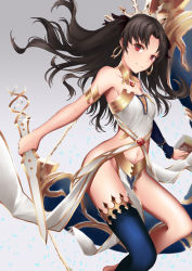 Rule 34 | 1girl, armlet, asymmetrical legwear, asymmetrical sleeves, bad id, bad pixiv id, bare arms, bare legs, bare shoulders, barefoot, between legs, black detached sleeves, black hair, black ribbon, blue thighhighs, blurry, breasts, cleavage, closed mouth, clothing cutout, crown, depth of field, detached sleeves, earrings, fate/grand order, fate (series), female focus, floating hair, gem, glint, grey background, groin, hair ribbon, highres, holding, holding weapon, hoop earrings, ishtar (fate), jewelry, legs, long hair, looking at viewer, midriff, navel, navel cutout, neck, neck ring, necklace, pelvic curtain, red eyes, revealing clothes, ribbon, scal2let, single detached sleeve, single sleeve, single thighhigh, small breasts, smile, solo, stomach, strapless, thighhighs, thighlet, tohsaka rin, two side up, type-moon, uneven legwear, uneven sleeves, waist cape, weapon