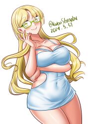 Rule 34 | 1girl, absurdres, alternate costume, blonde hair, breasts, cleavage, covered navel, dated, dress, glasses, green-framed eyewear, highres, kantai collection, katou shinobu, large breasts, long hair, northampton (kancolle), one-hour drawing challenge, simple background, solo, twitter username, white background, white dress, yellow eyes