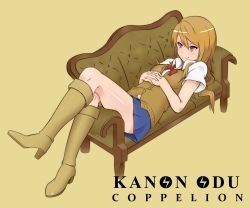 Rule 34 | 1girl, blonde hair, blue skirt, boots, bow, bowtie, character name, coppelion, copyright name, couch, full body, hands on own chest, high heels, highres, knee boots, lightning bolt symbol, long hair, lying, miniskirt, own hands clasped, own hands together, ozu kanon, pleated skirt, school uniform, short sleeves, simple background, skirt, smirk, solo, sweater vest, yellow eyes, yokke