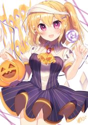 Rule 34 | 1girl, :d, absurdres, alternate costume, artist name, ascot, bandaged head, bandages, basket, blonde hair, breasts, candy, commentary request, cowboy shot, crystal, dress, fang, flandre scarlet, food, hair ornament, hairclip, halloween, hands up, highres, holding, holding basket, holding food, lollipop, looking at viewer, medium breasts, nenobi (nenorium), no headwear, one side up, open mouth, puffy short sleeves, puffy sleeves, purple dress, purple eyes, short hair, short sleeves, signature, simple background, smile, solo, standing, star (symbol), striped clothes, striped dress, thighs, touhou, translated, vertical-striped clothes, vertical-striped dress, white background, wing collar, wings, yellow ascot