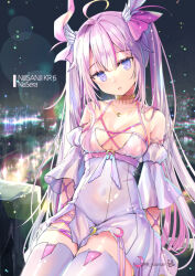 Rule 34 | 1girl, ahoge, bare shoulders, blurry, blurry background, breasts, character name, cityscape, cleavage, collarbone, copyright name, crescent, depth of field, dress, hair between eyes, head tilt, horns, jin young-in, long hair, looking at viewer, medium breasts, na sera, night, night sky, nijisanji, nijisanji kr, outdoors, pink hair, purple eyes, sitting, sky, solo, thighhighs, twintails, very long hair, virtual youtuber, white dress, white thighhighs